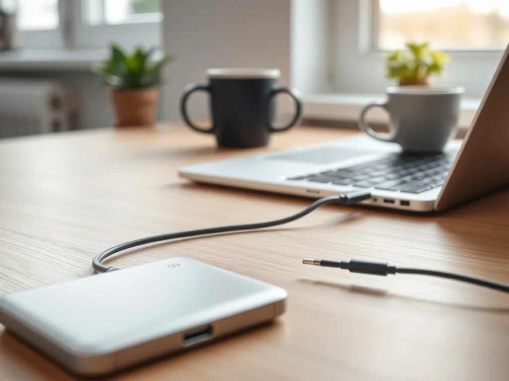 Smukły powerbank podłączony do laptopa na biurku, pokazujący praktyczne ładowanie w domowym biurze.