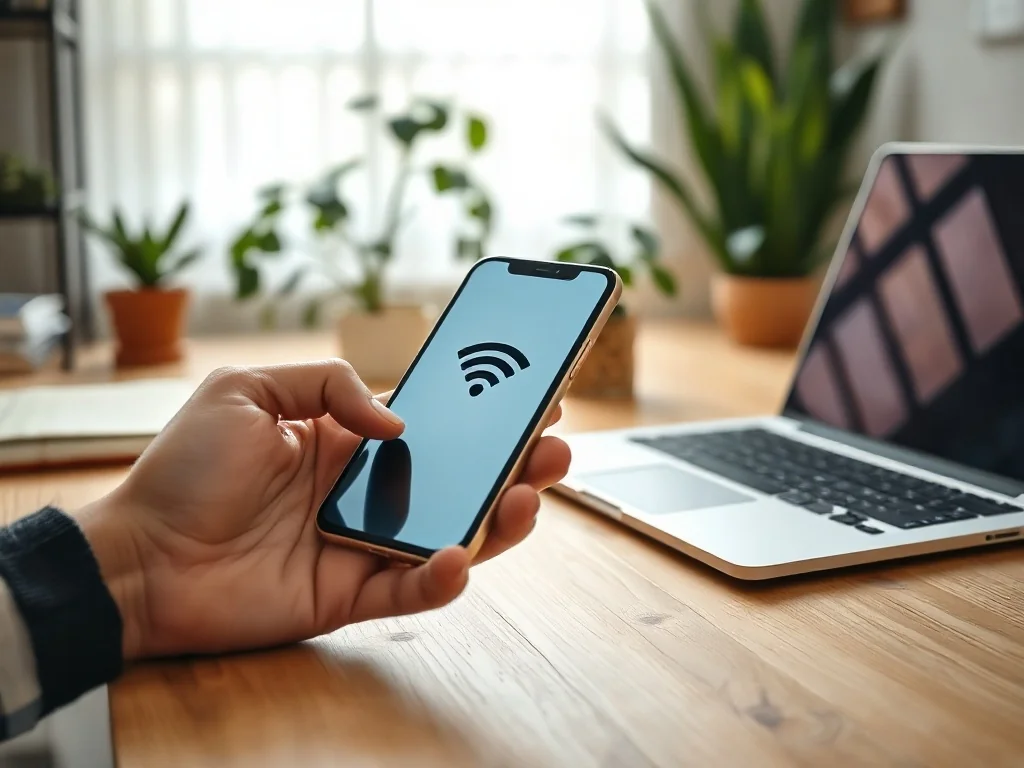 Smartfon udostępniający Wi‑Fi obok otwartego laptopa na biurku, ilustrujący łączenie internetu z telefonu z komputerem.